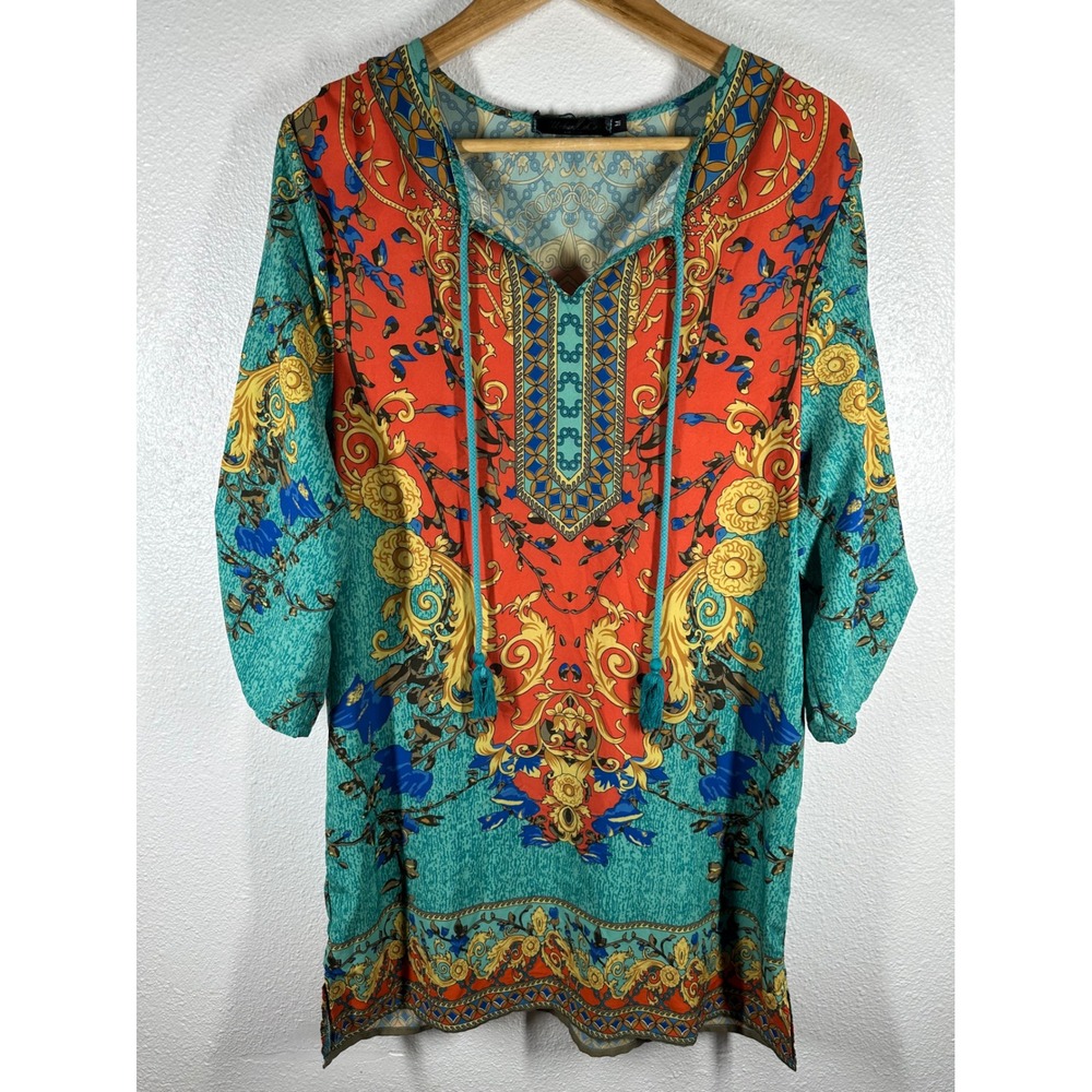 Urban CoCo Tunic Top Womens Medium Teal Orange Baroque Print Tassel Tie Blouse